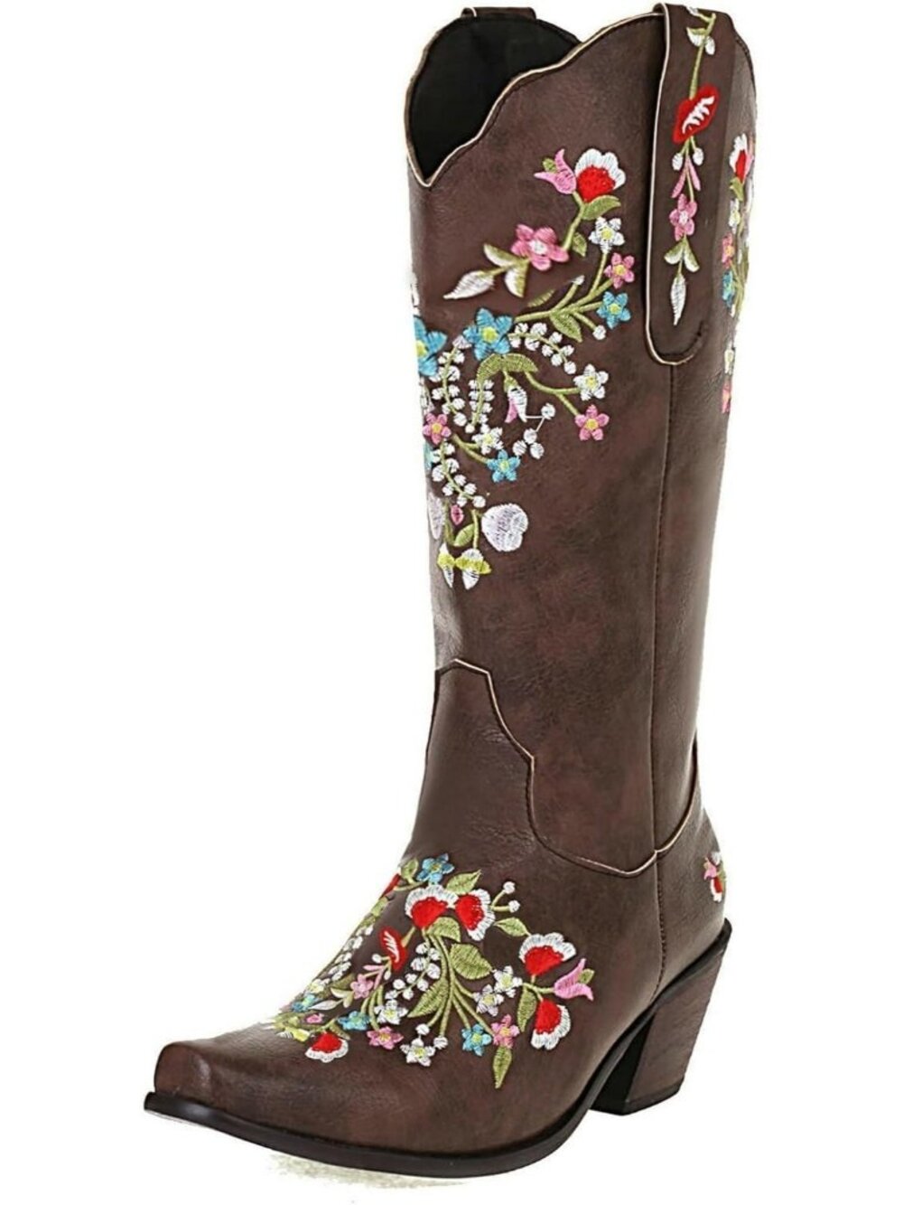 Women's Brown Cowboy Boots Western Cowgirl Snip Toe Boots Chunky Heel Pull On